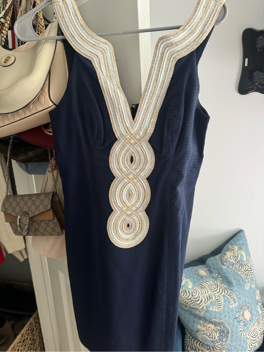 Lilly Pulitzer Navy Sheath Dress with Gold & White Embellished V-Neck
